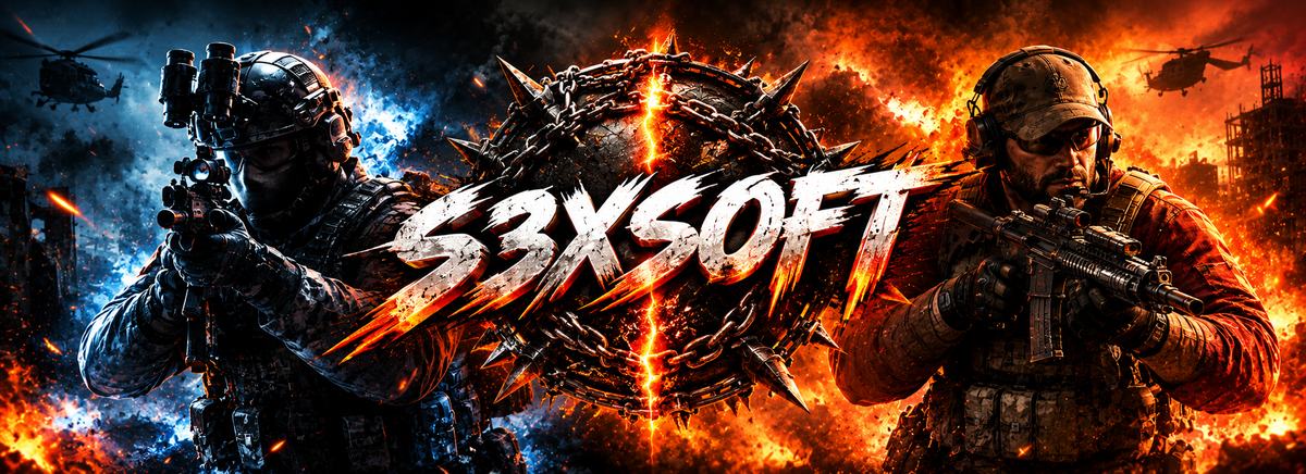 Баннер S3xSOFT: два бойца с автоматами на фоне огня